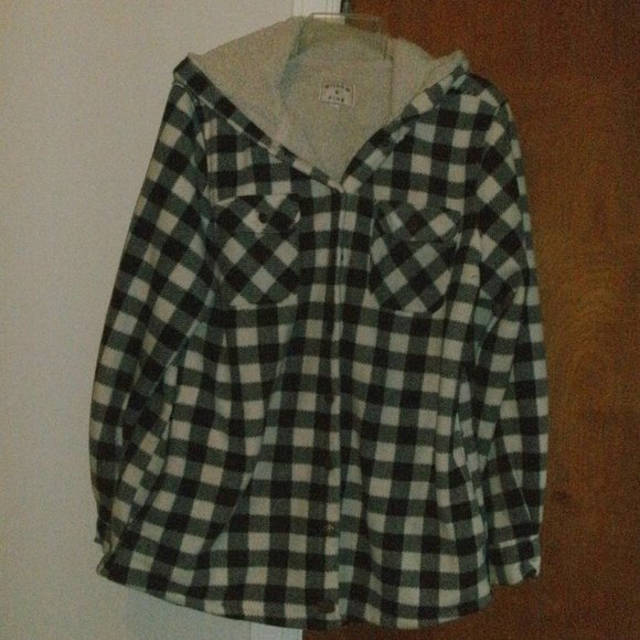 Cozy Black & Ivory Buffalo Plaid Fleece Lined Hooded Snap Front Shacket Jacket L - Picture 1 of 2
